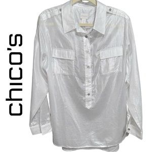 NWT CHICO'S Top Blouse Shirt Women's Size Large White Silver Shimmer